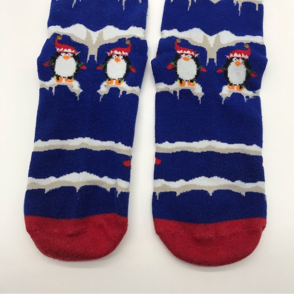 Blue Christmas Penguin Crew Socks Unisex Santa Hat Snow Winter Patterned Cute - Picture 3 of 8
